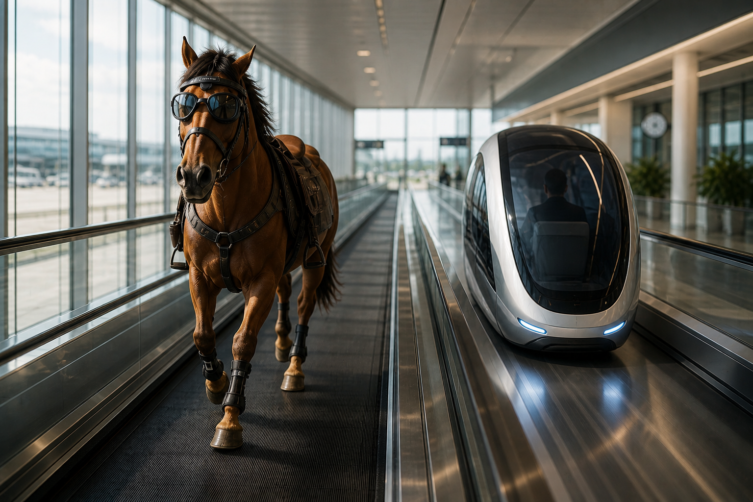 Faster horse on a moving walkway next to a futuristic-looking train pod thing