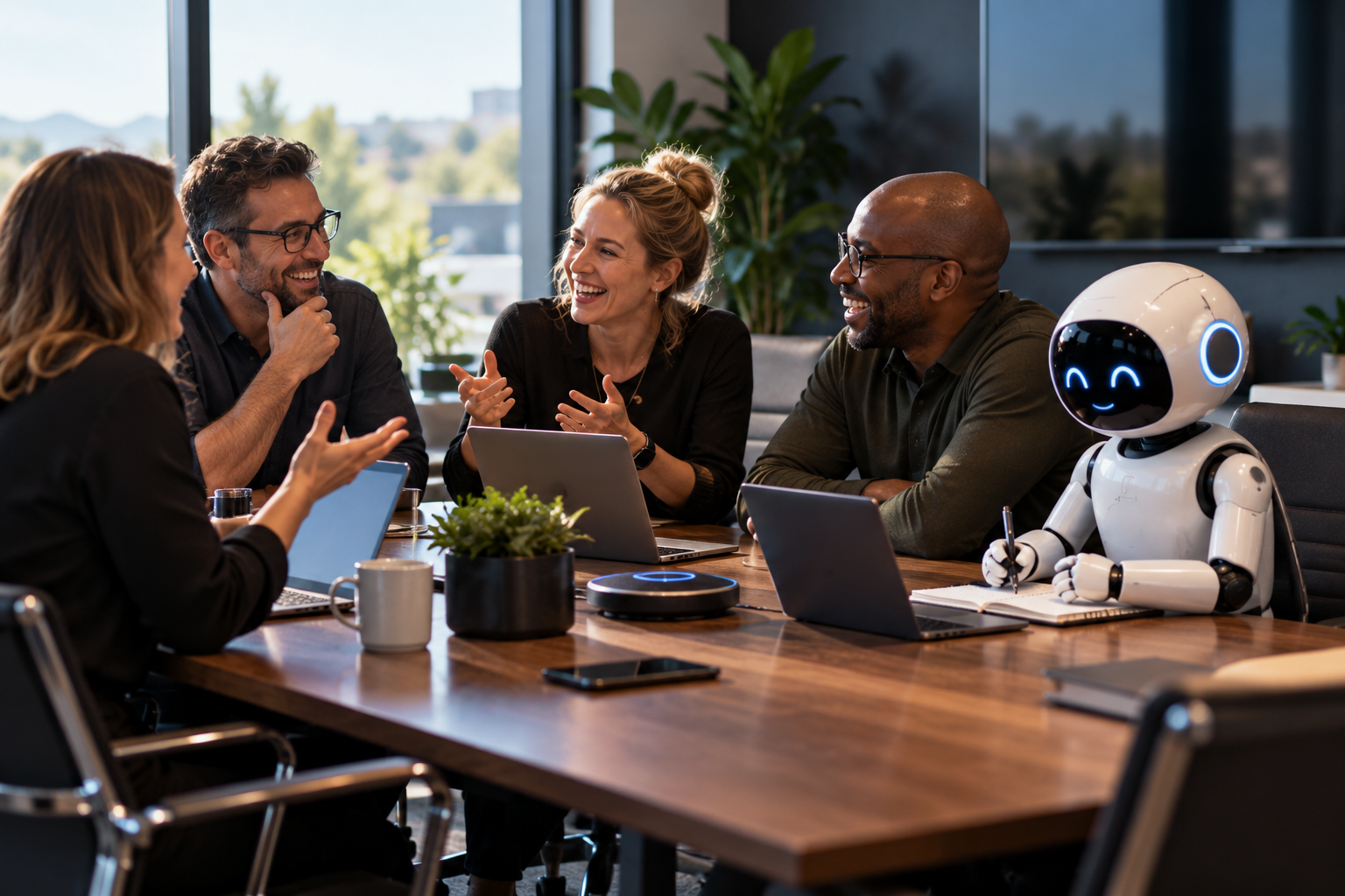 people at a conference table with a robot notetaker